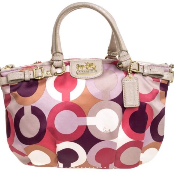 Coach Handbags - COACH Multicolor Op Art Satin and Leather Sophia Satchel Purse
